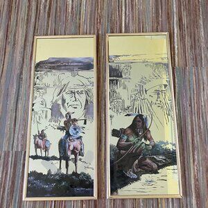 Native American Printed Mirror Art Prints Vintage Set of 2 Horse Warriors 8x20"